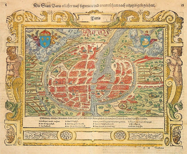 Paris France, antique woodcut map by Sebastian Münster 1561