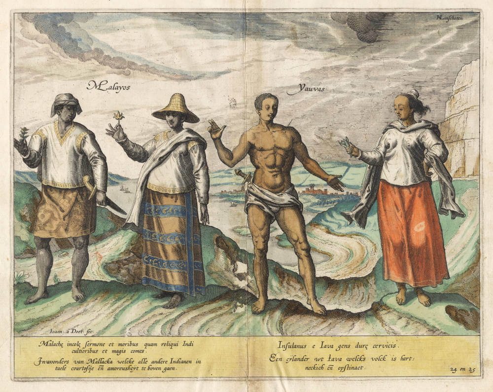 Antique map of Malayans and Javanese couples by Linschoten