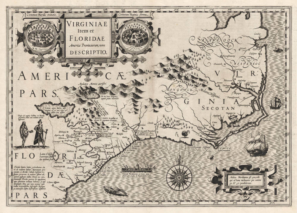 Antique map of Virginia, Southeast by Jodocus Hondius I