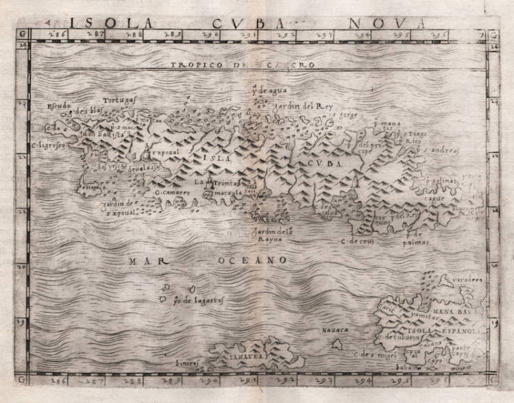 Antique map of Cuba, Jamaica by Gastaldi