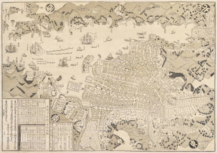 Antique map of Nagasaki Harbor with Dutch factory of Decima by Bunkindō