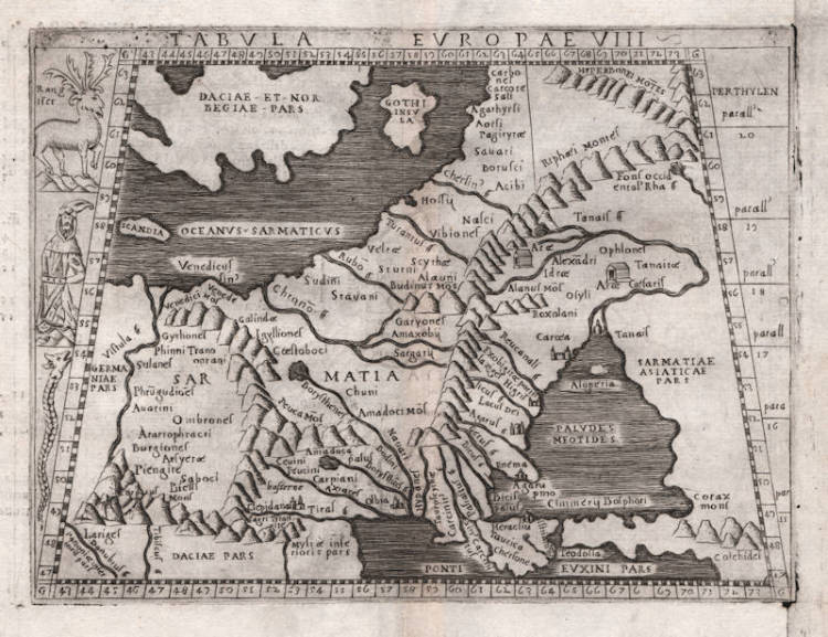 Antique map of Eastern Europe (Ptolemy) by Gastaldi / Ptolemy