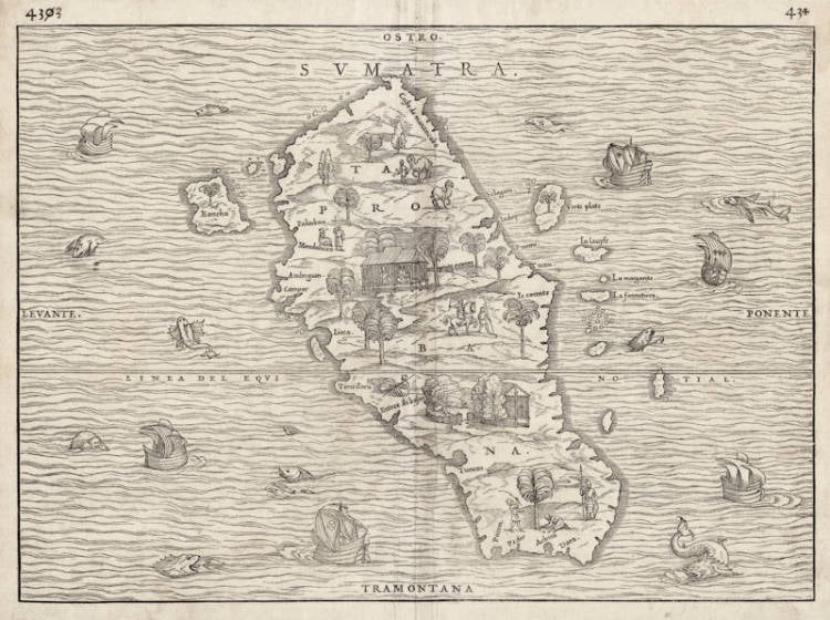 Antique map of Sumatra by Ramusio / Gastaldi