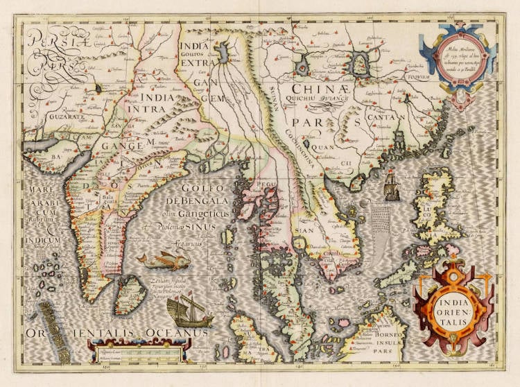 Antique map of South East Asia by Jodocus Hondius I