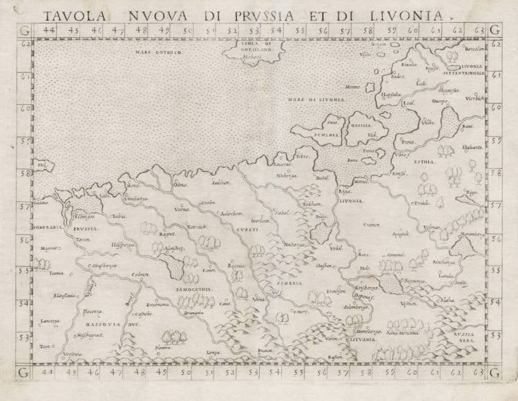 Antique map of Livonia, Lithuania, Prussia by Ruscelli