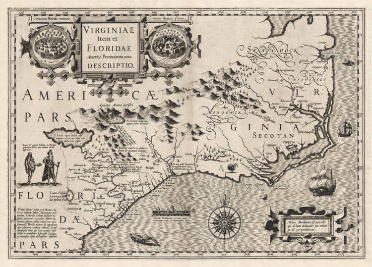 Antique map of Virginia, Southeast by Jodocus Hondius I