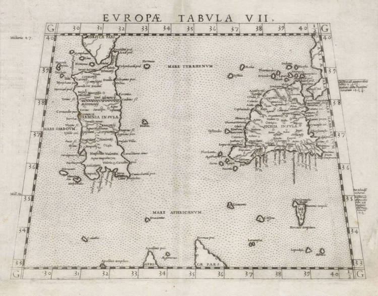 Antique map of Sicily, Sardinia and Malta by Ruscelli / Gastaldi / Ptolemy