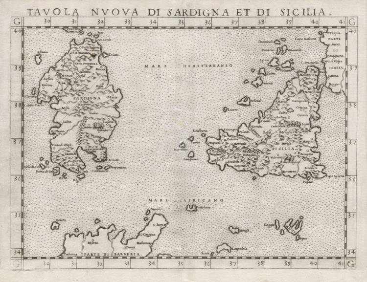 Antique map of Sicily, Sardinia and Malta by Ruscelli