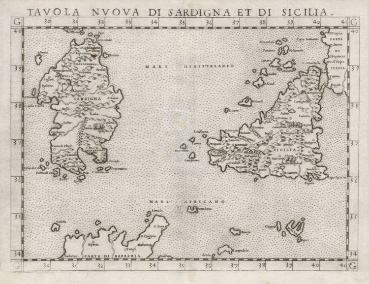 Antique map of Sicily, Sardinia and Malta by Ruscelli / Gastaldi