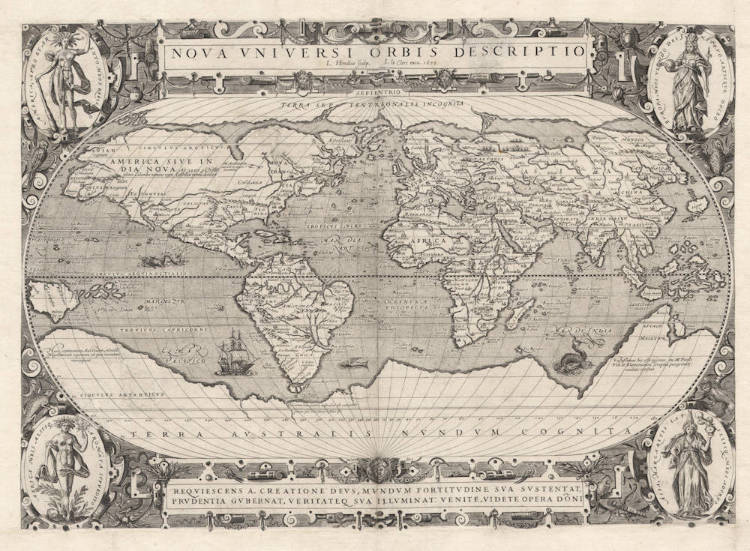 Antique map of the World in Oval Projection by Jodocus Hondius I
