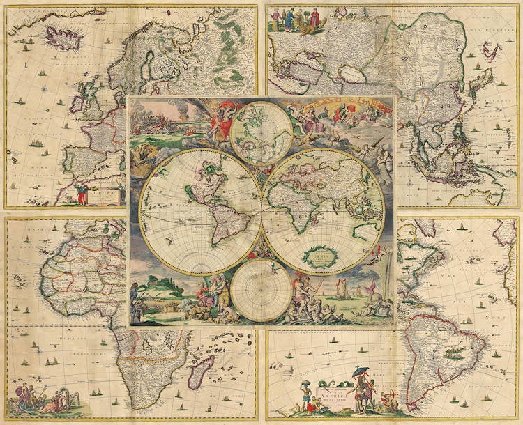 Antique map of the World and the continents by van Schagen