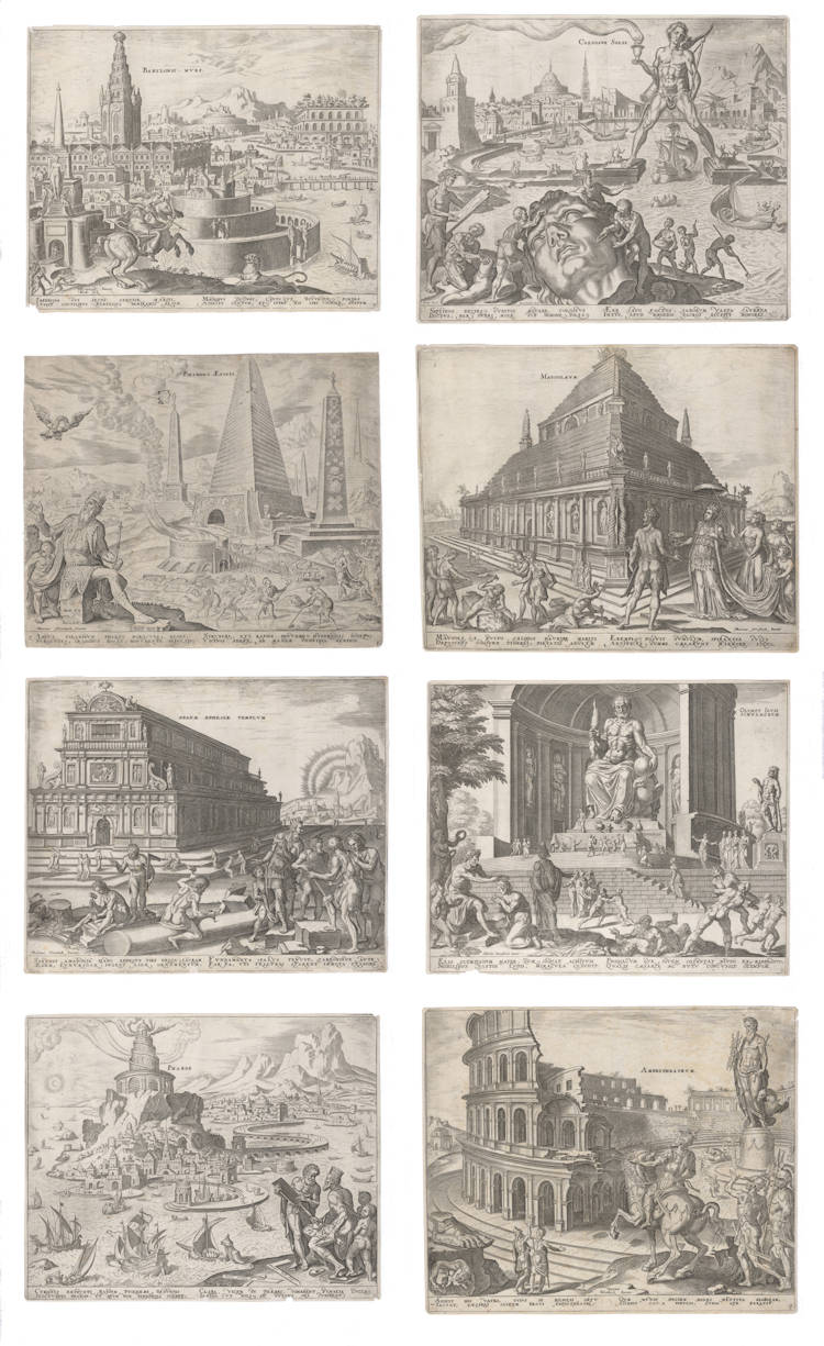 Antique map of seven wonders of the world by Maarten van Heemskerck