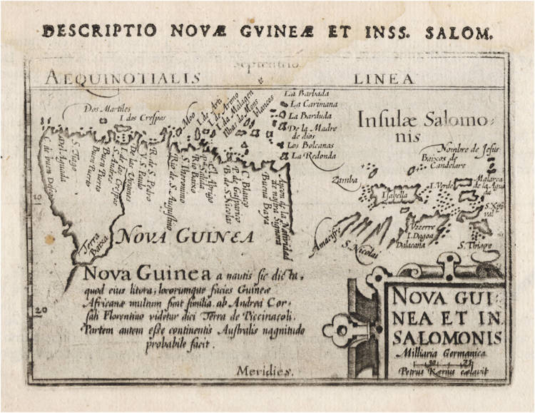 Antique map of New Guinea and the Solomon Islands by Barent Langenes